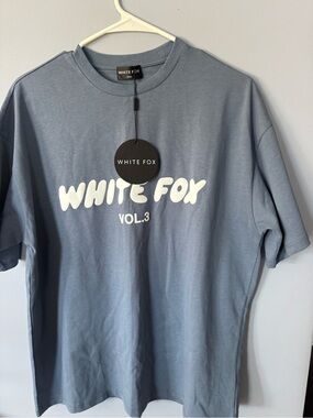 White Fox Boutique Short Sleeve Tee in Slate Blue with White Logo fit oversized